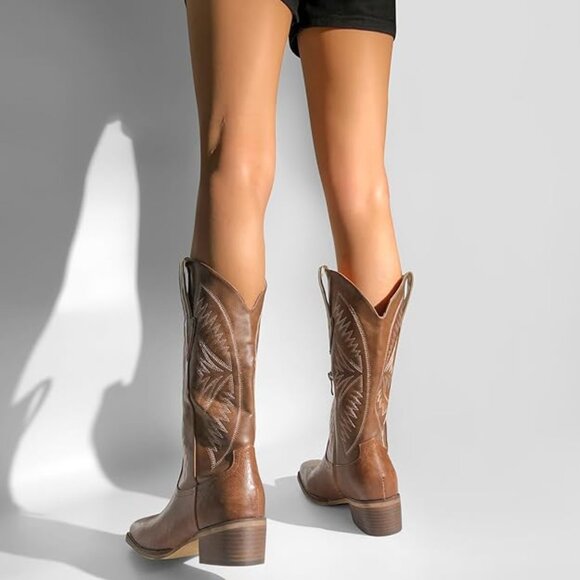 Women's Square Toe Western Cowgirl Cowboy Boots Mid Calf Brown - Picture 3 of 5